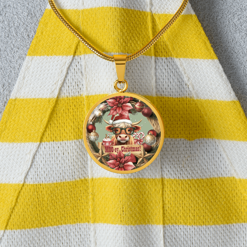 Moo-ey Christmas Highland Cow Luxury Graphic Round Necklace