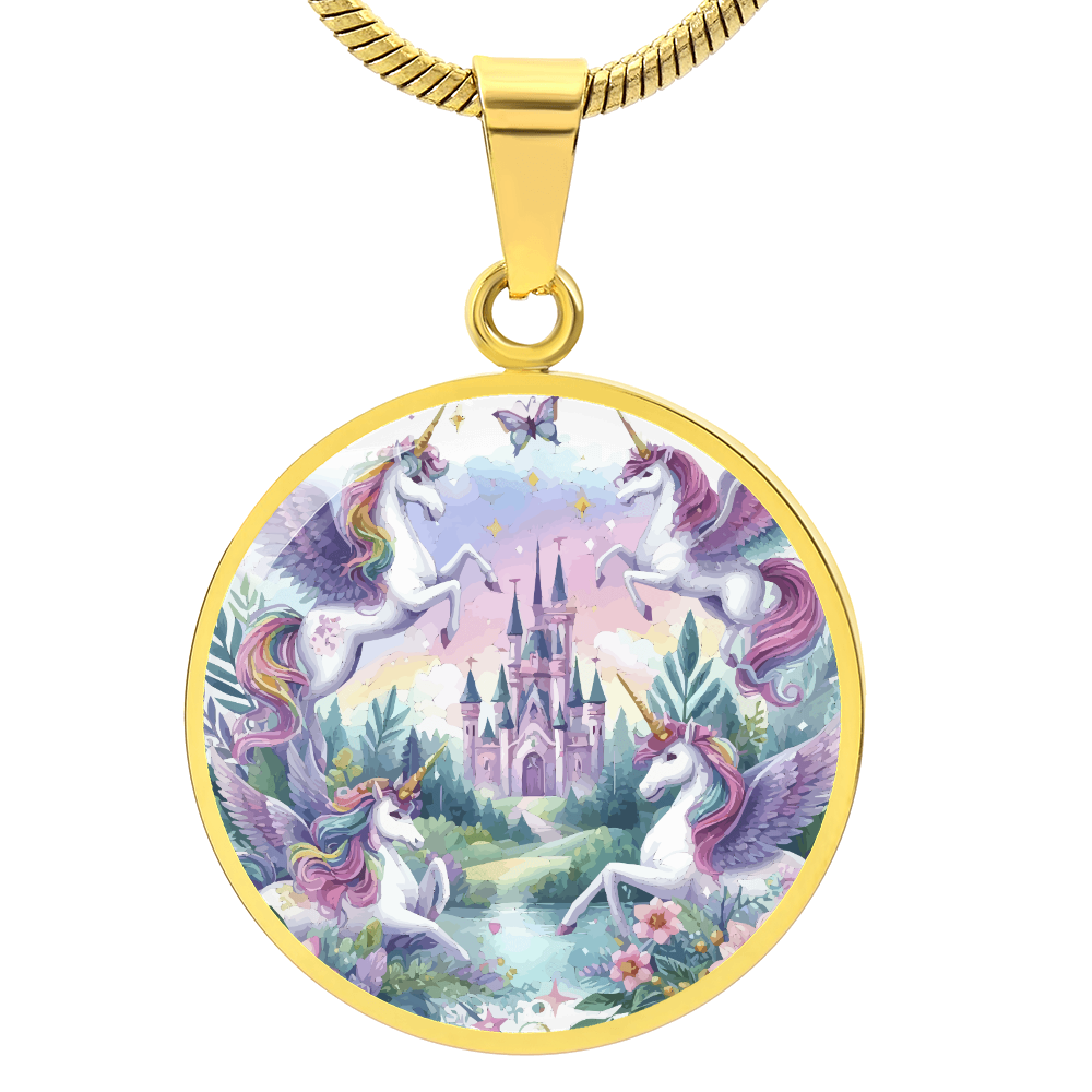Purple Unicorns and Castle Graphic Circle Necklace