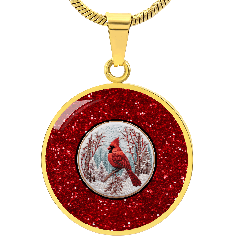 Red Bird in the Snow Faux Glitter Graphic Round Necklace