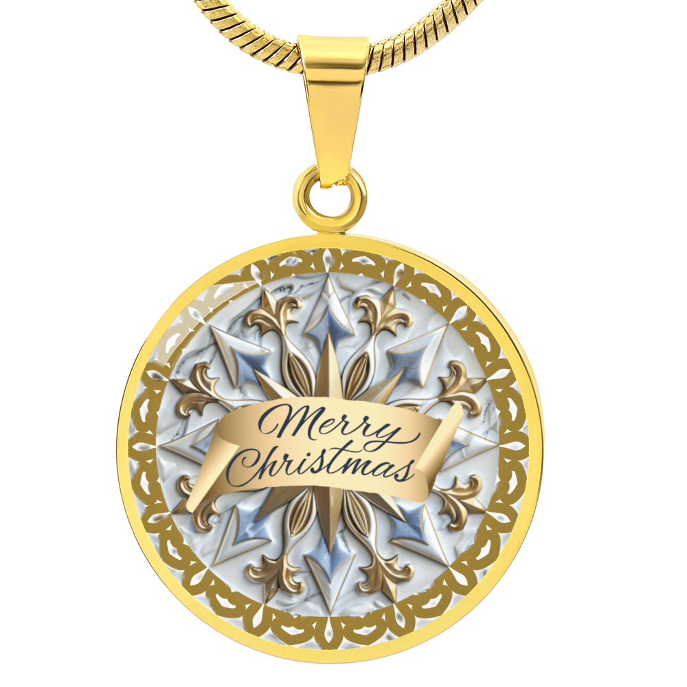 Light Blue with Gold Trim Merry Christmas Graphic Round Necklace
