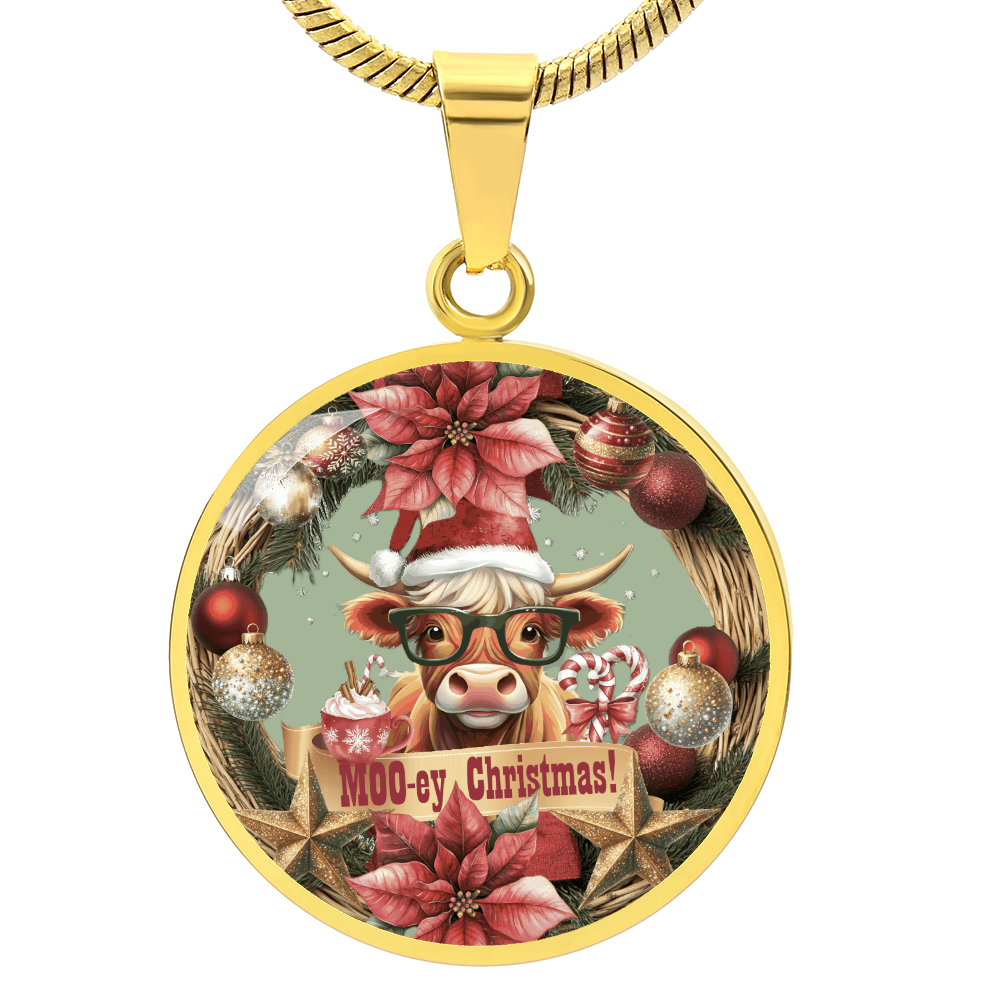 Moo-ey Christmas Highland Cow Luxury Graphic Round Necklace