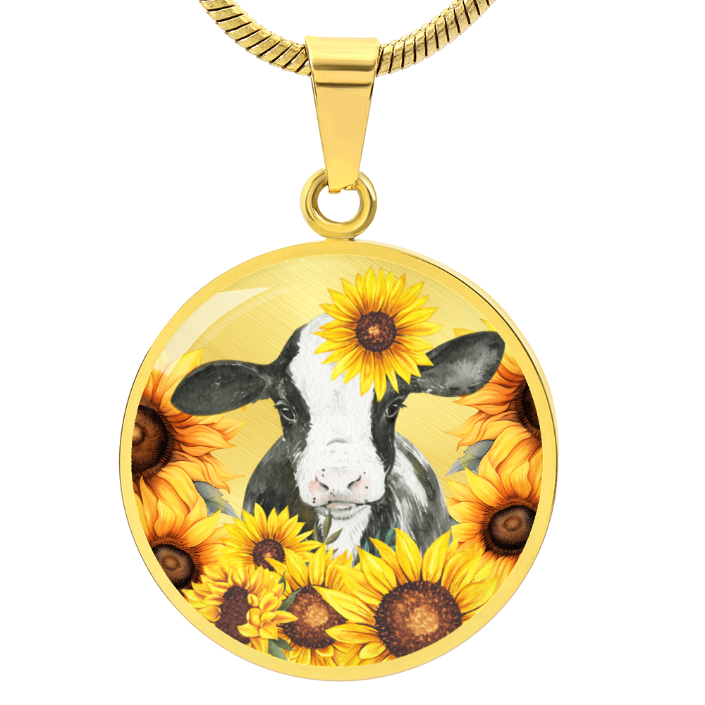 Cute Little Cow Surrounded by Sunflowers Circle Graphic Necklace
