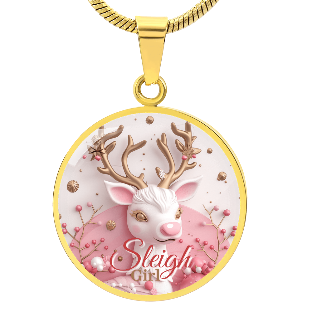 Christmas Pink Sleigh Girl Cute Reindeer Graphic Round Necklace