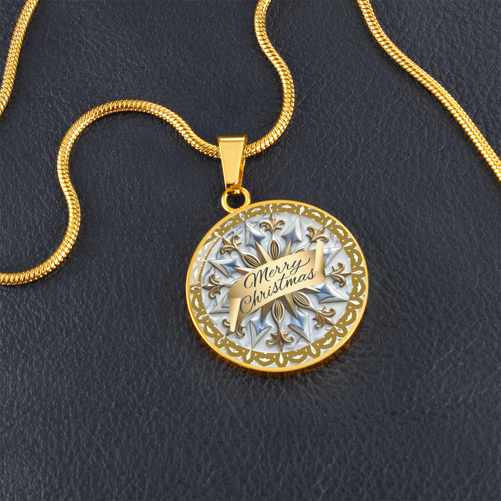 Light Blue with Gold Trim Merry Christmas Graphic Round Necklace