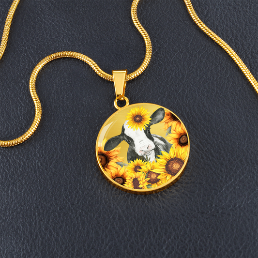 Cute Little Cow Surrounded by Sunflowers Circle Graphic Necklace