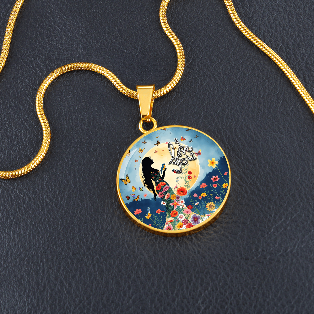 I Love You Beautiful Woman Under a Full Moon Graphic Round Necklace