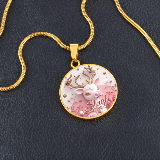 Christmas Pink Sleigh Girl Cute Reindeer Graphic Round Necklace