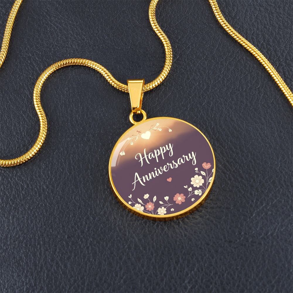 Happy Anniversary with Flowers Round Graphic Necklace