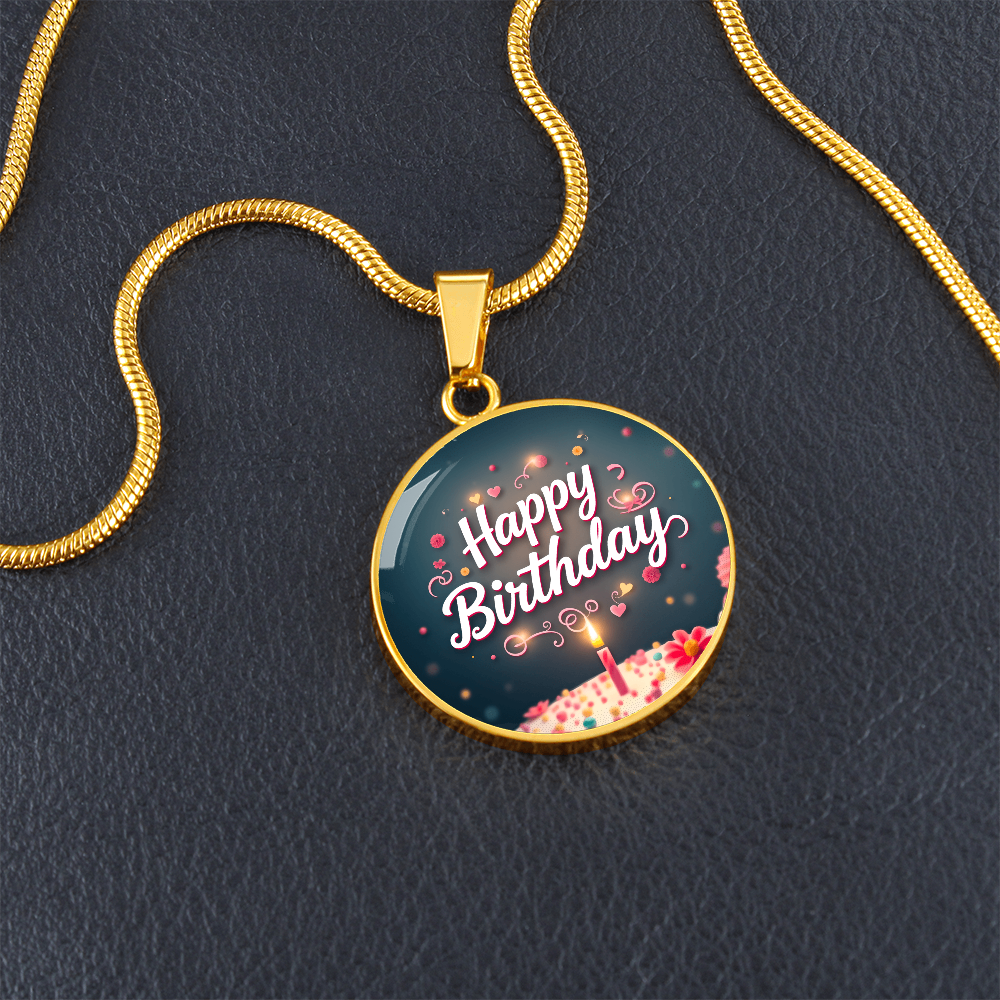 Happy Birthday Cake with Candle Circle Graphic Necklace