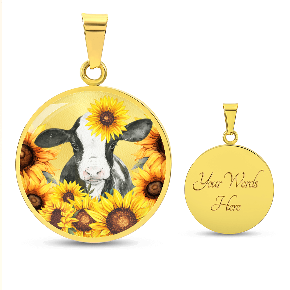 Cute Little Cow Surrounded by Sunflowers Circle Graphic Necklace
