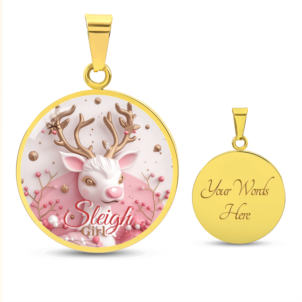 Christmas Pink Sleigh Girl Cute Reindeer Graphic Round Necklace