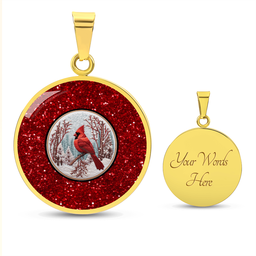 Red Bird in the Snow Faux Glitter Graphic Round Necklace