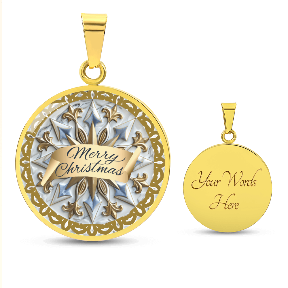 Light Blue with Gold Trim Merry Christmas Graphic Round Necklace