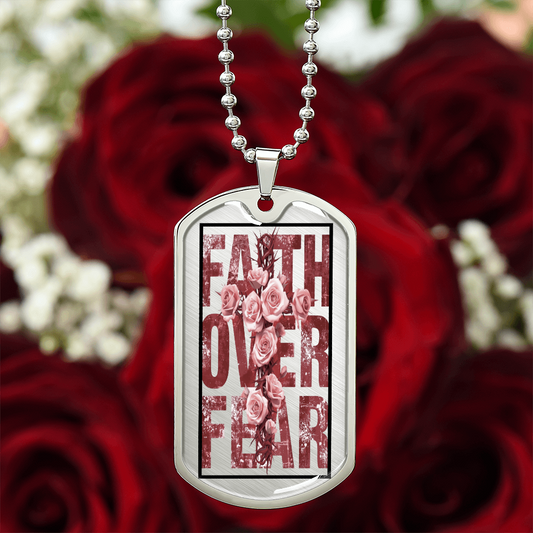 Faith Over Fear Floral Faith Based Graphic Dog Tags Necklace