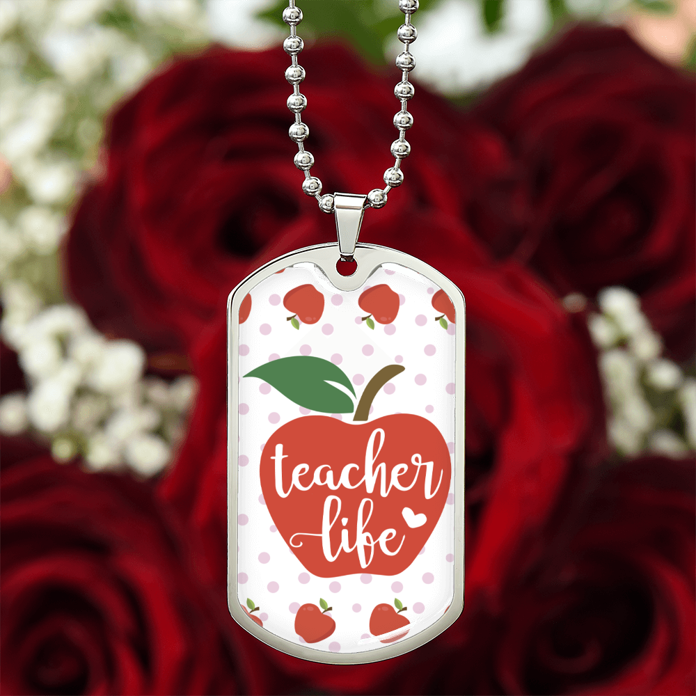 Teacher Life Red Apples Graphic Dog Tags Necklace