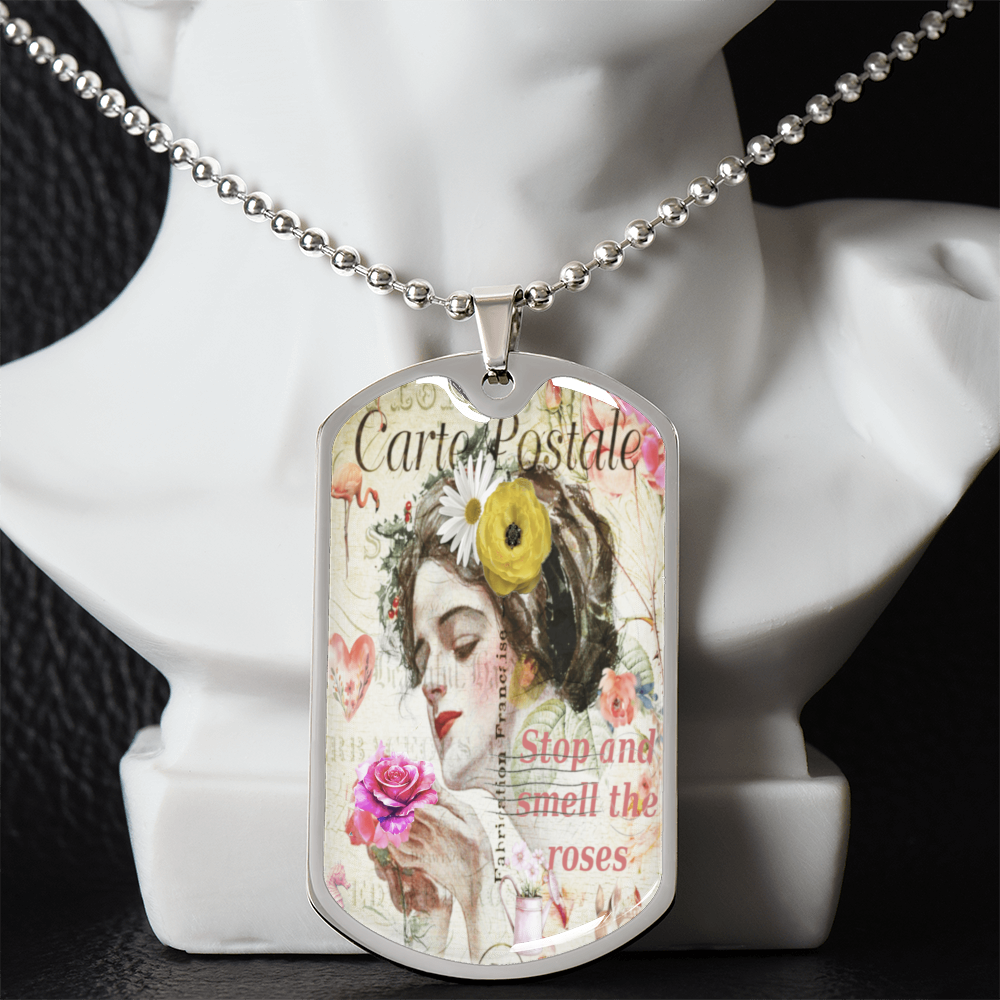 Beautiful Lady Stopping to Smell the Roses Dog Tags Necklace