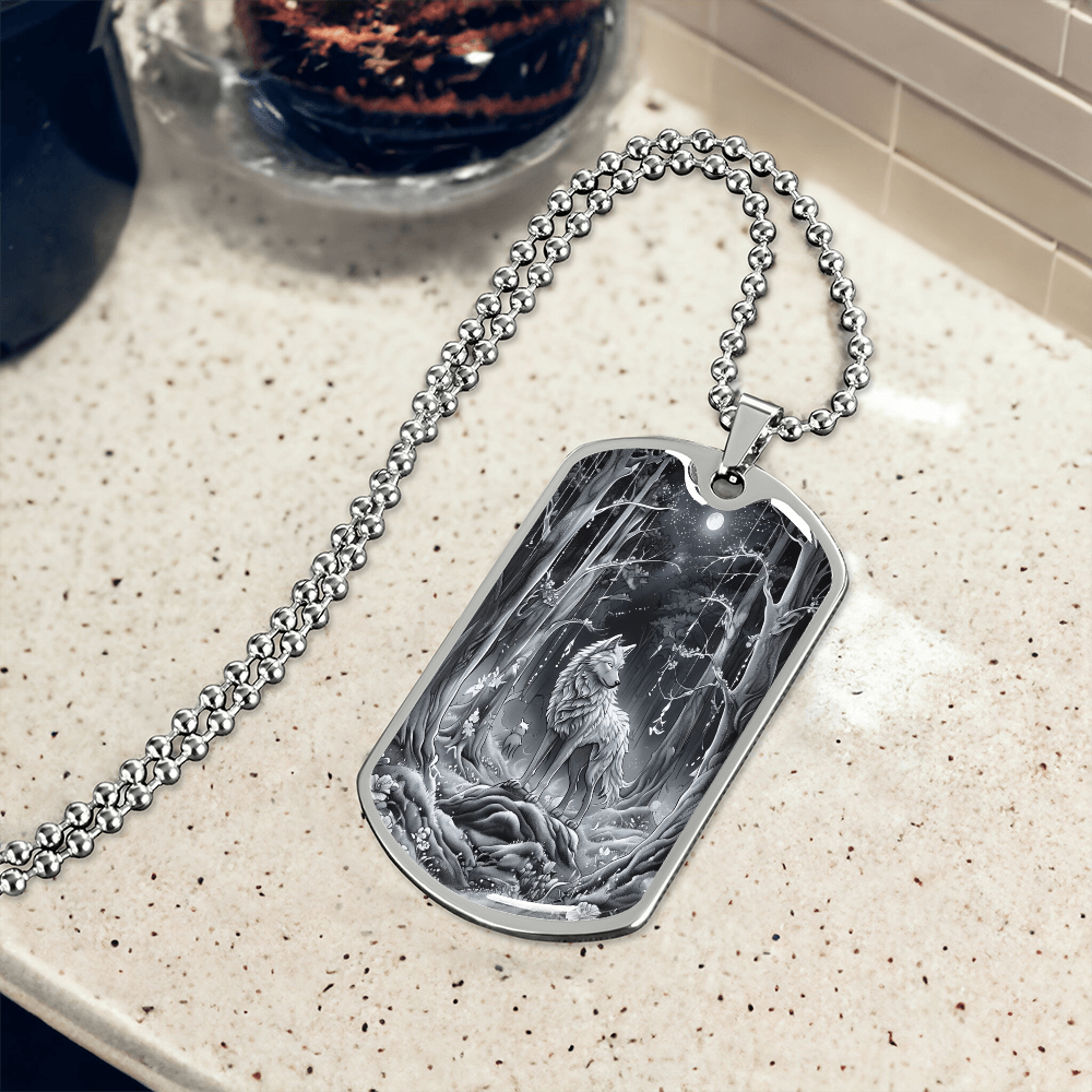 Grey Wolf in the Moonlight Graphic Dog Tags Necklace