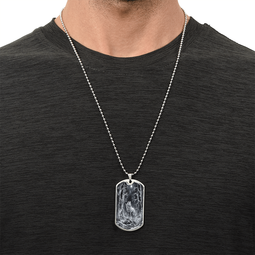 Grey Wolf in the Moonlight Graphic Dog Tags Necklace