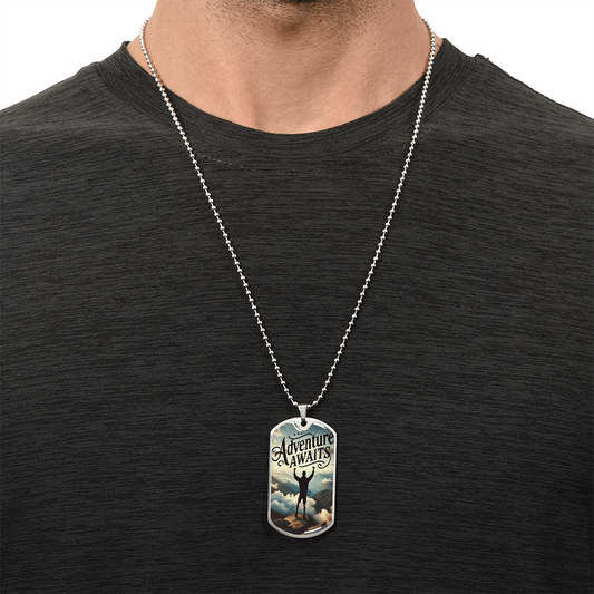 Adventure Awaits Motivational Graphic Dog Tags Necklace