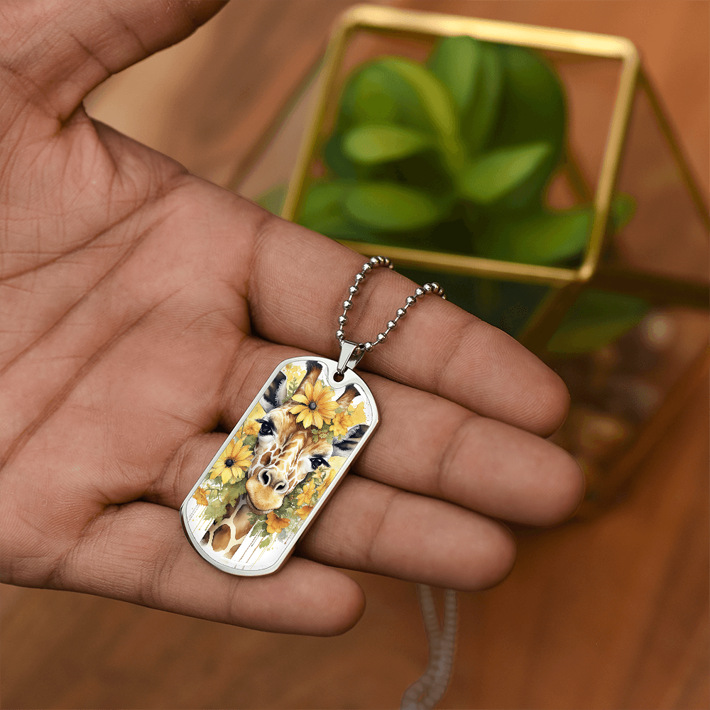 Happy Giraffe Surrounded by Sunflowers Graphic Dog Tags Necklace