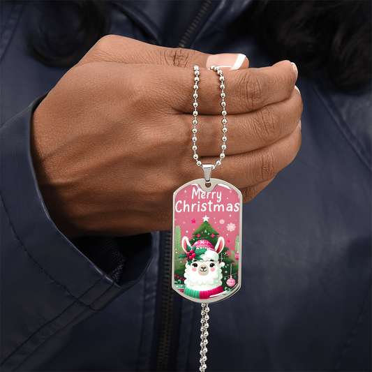 Merry Christmas Pink Llama Graphic Dog Tags Necklace