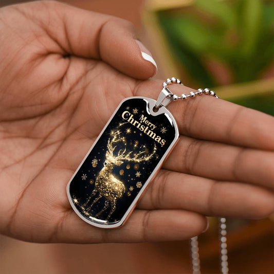 Merry Christmas Sparkling Gold Reindeer on Black Luxury Dog Tags Necklace