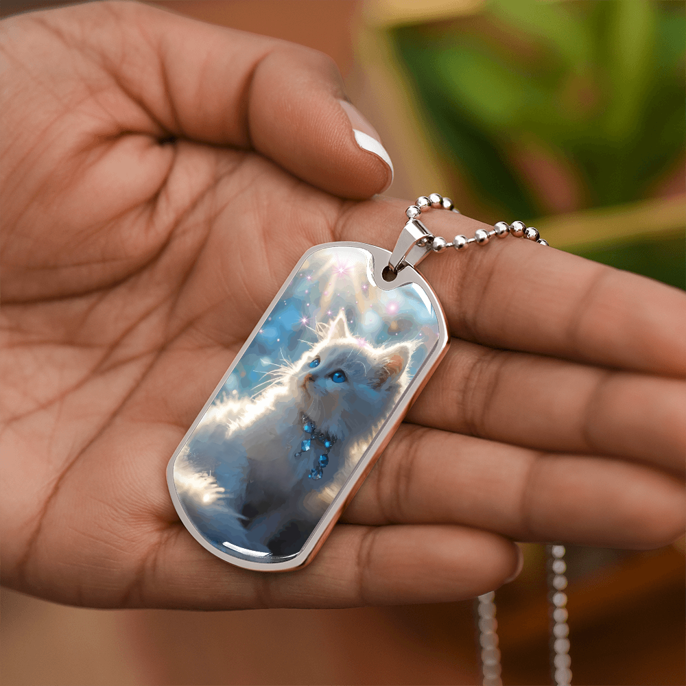 Fluffy White Kitten in the Sun Graphic Dog Tags Necklace