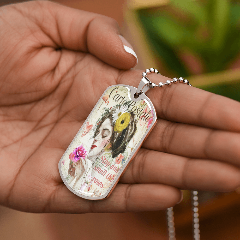 Beautiful Lady Stopping to Smell the Roses Dog Tags Necklace