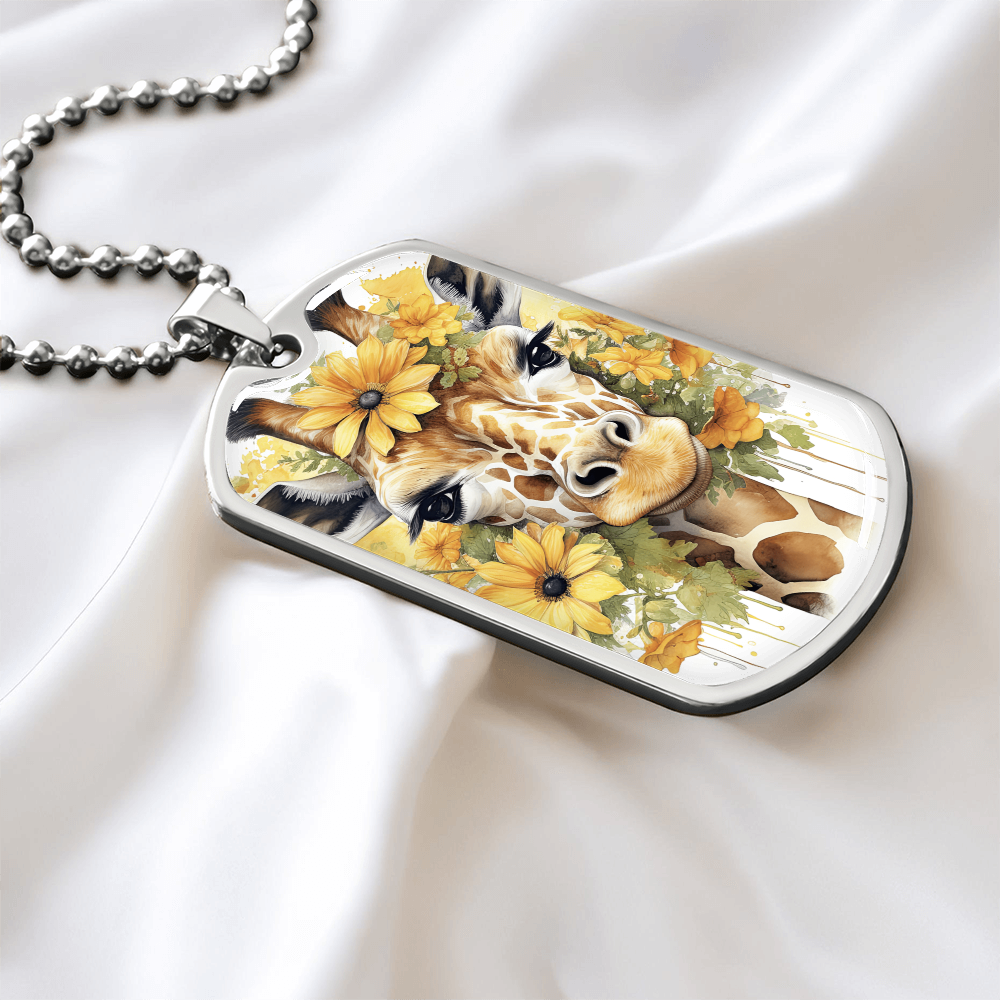 Happy Giraffe Surrounded by Sunflowers Graphic Dog Tags Necklace