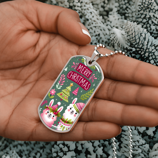 Merry Christmas Llamas on Green Graphic Dog Tags Necklace