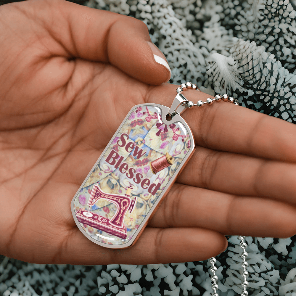 Sew Blessed Sewing Machine Thread Quilt Grapic Dog Tag Necklace