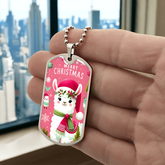 Merry Christmas Festive Llama Graphic Dog Tags Necklace