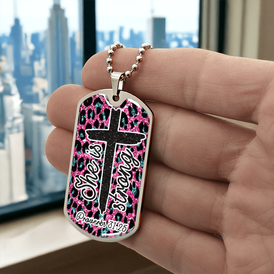 She is Strong Cross Scripture Pink Graphic Dog Tags Necklace
