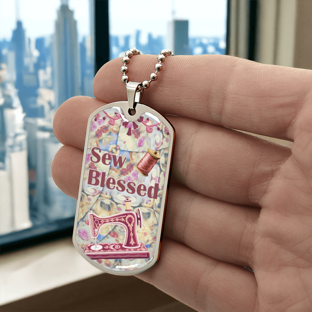 Sew Blessed Sewing Machine Thread Quilt Grapic Dog Tag Necklace