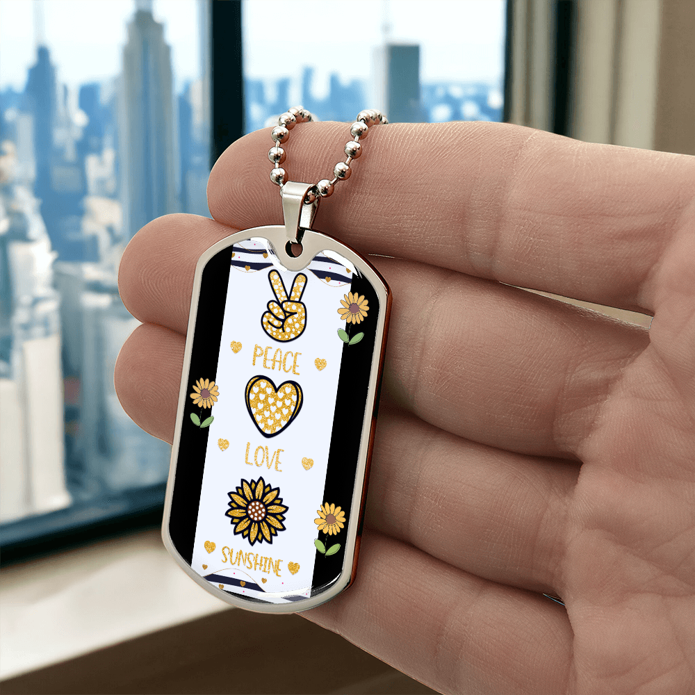 Peace Love and Sunshine with Sunflowers Graphic Dog Tags Necklace