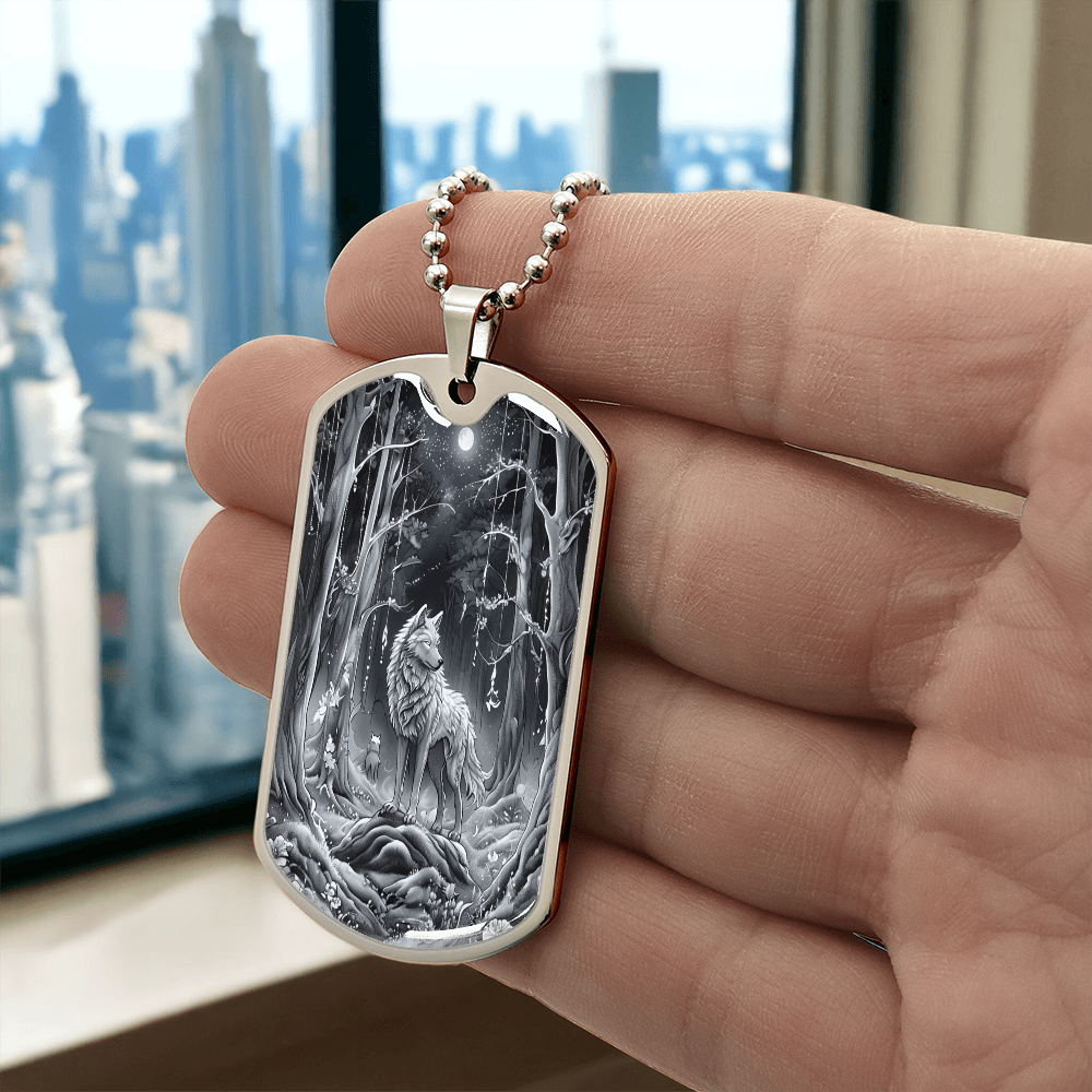 Grey Wolf in the Moonlight Graphic Dog Tags Necklace