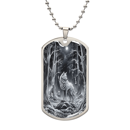 Grey Wolf in the Moonlight Graphic Dog Tags Necklace