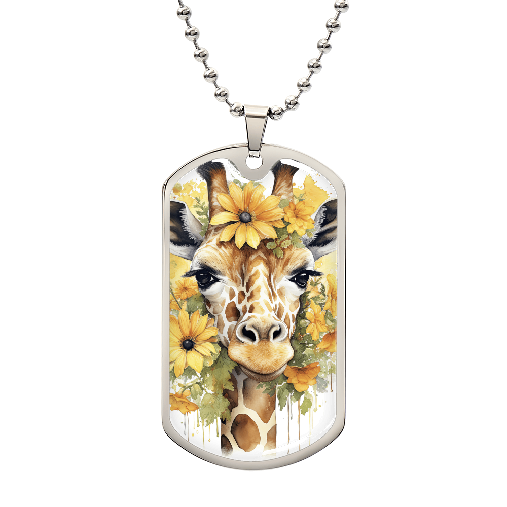 Happy Giraffe Surrounded by Sunflowers Graphic Dog Tags Necklace