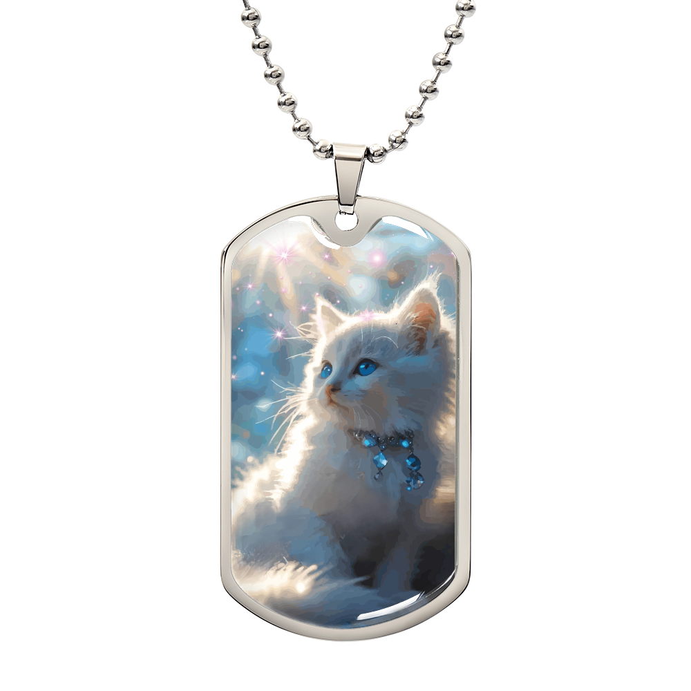 Fluffy White Kitten in the Sun Graphic Dog Tags Necklace