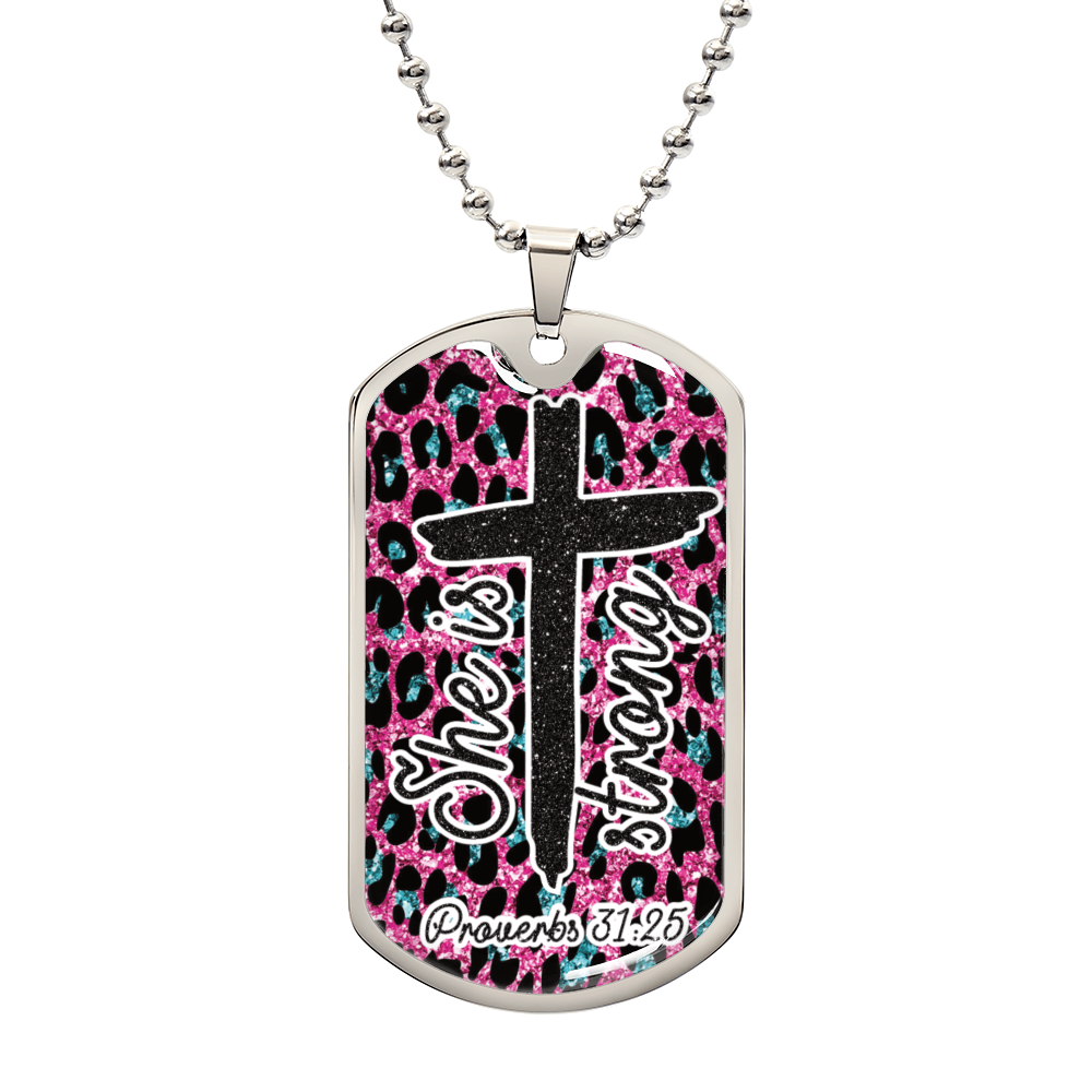 She is Strong Cross Scripture Pink Graphic Dog Tags Necklace