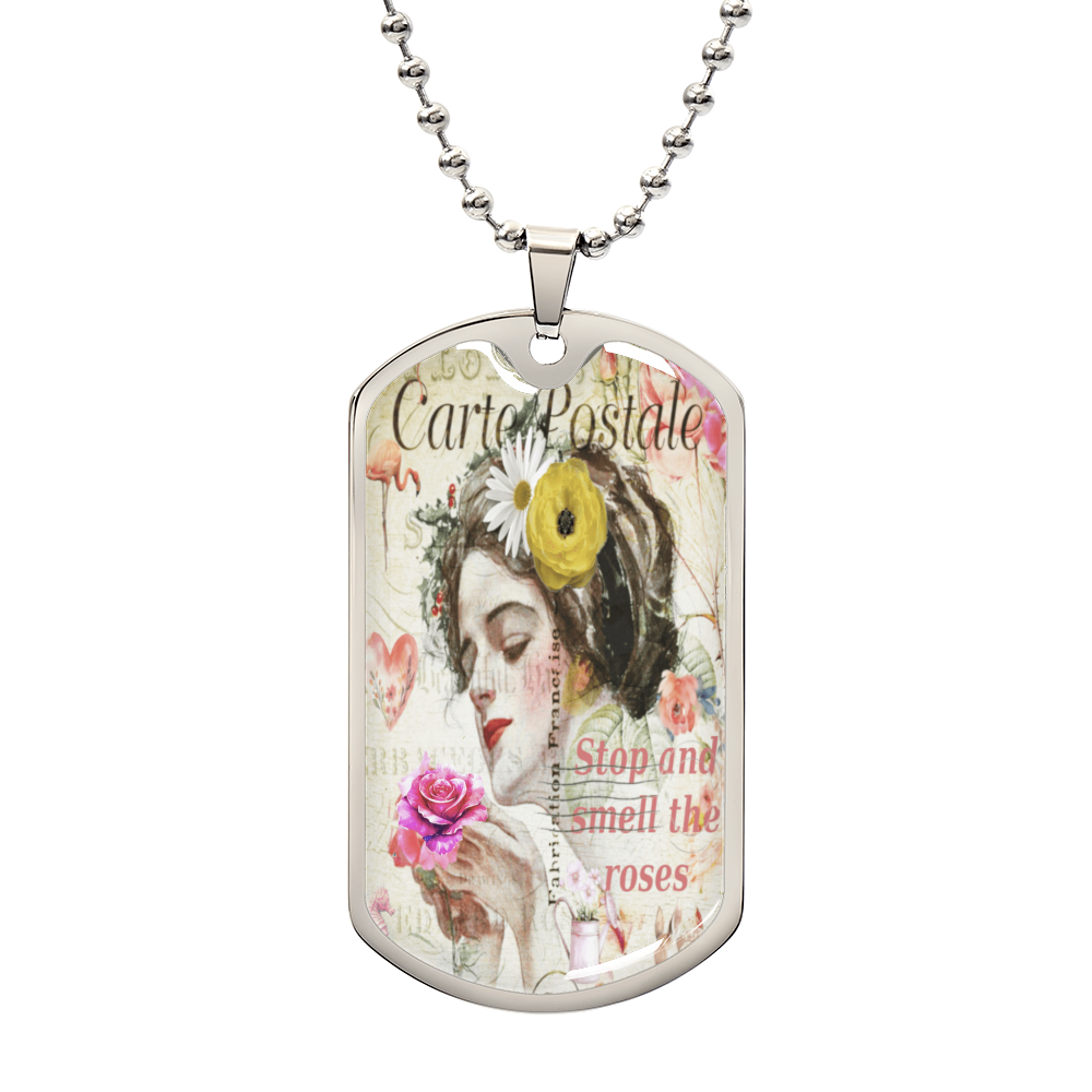 Beautiful Lady Stopping to Smell the Roses Dog Tags Necklace
