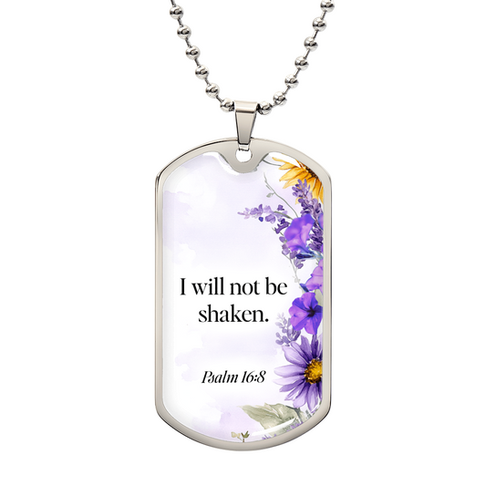 Purple Flowers I Will Not Be Shaken Faith Based Graphic Dog Tags Necklace