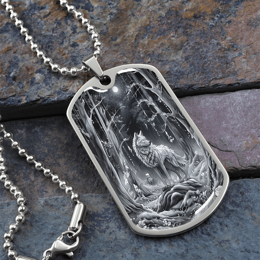 Grey Wolf in the Moonlight Graphic Dog Tags Necklace