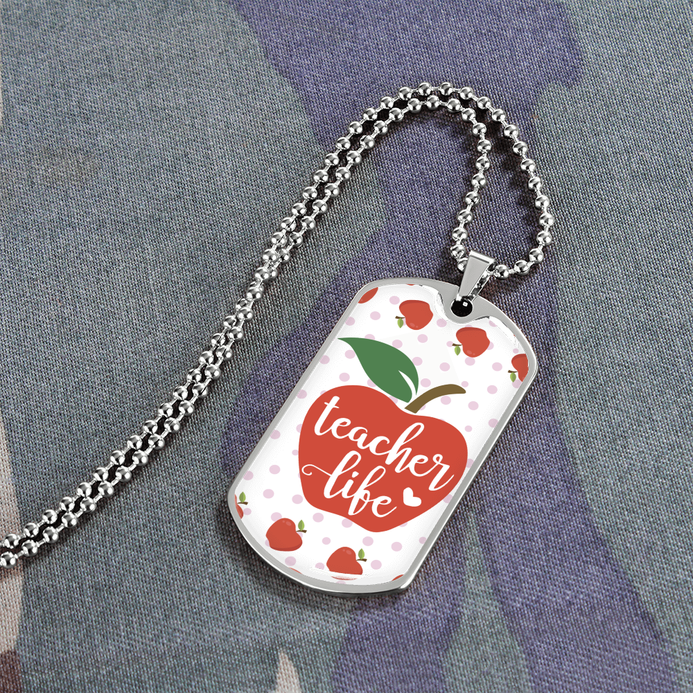 Teacher Life Red Apples Graphic Dog Tags Necklace