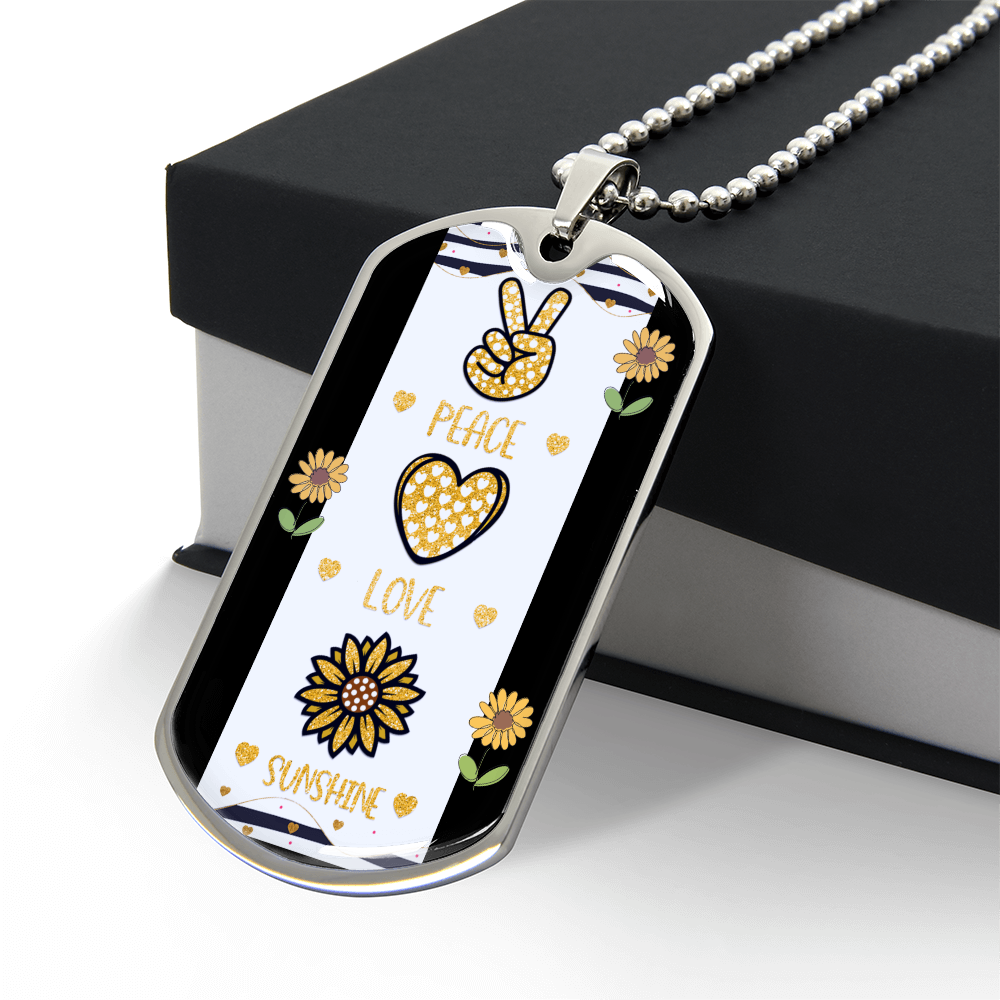 Peace Love and Sunshine with Sunflowers Graphic Dog Tags Necklace