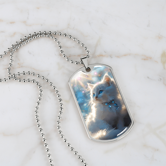 Fluffy White Kitten in the Sun Graphic Dog Tags Necklace