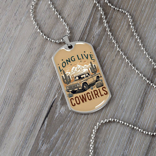 Long Live Cowgirls Pickup Truck Graphic Dog Tags Necklace