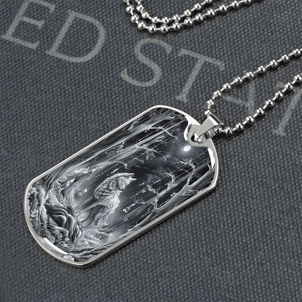 Grey Wolf in the Moonlight Graphic Dog Tags Necklace