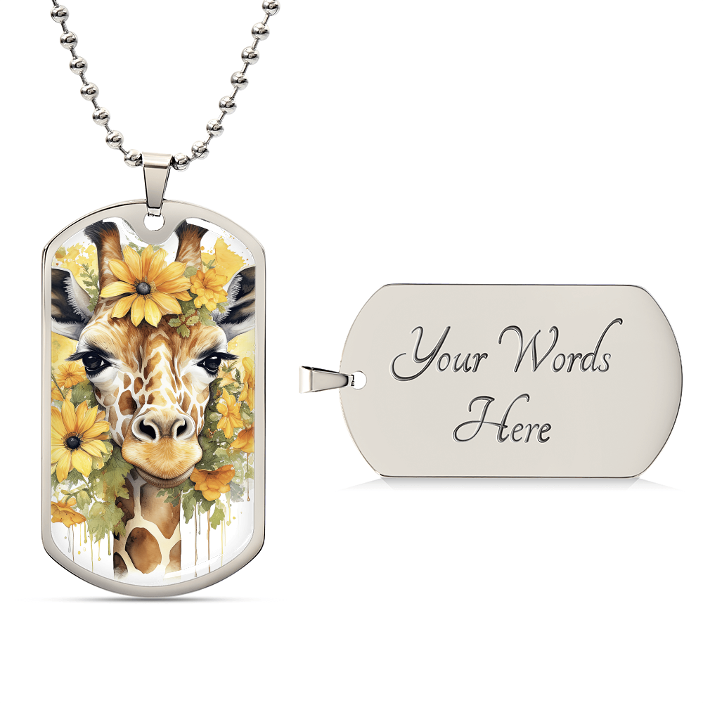 Happy Giraffe Surrounded by Sunflowers Graphic Dog Tags Necklace