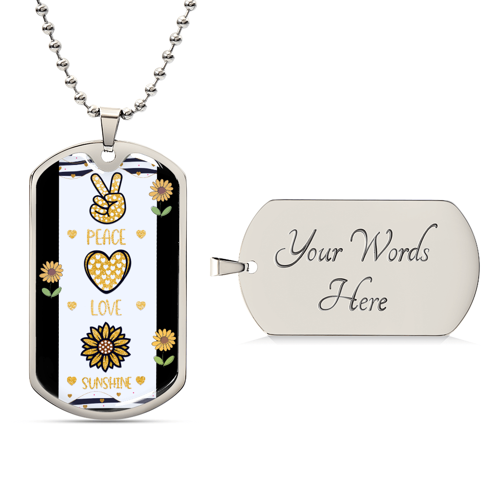 Peace Love and Sunshine with Sunflowers Graphic Dog Tags Necklace
